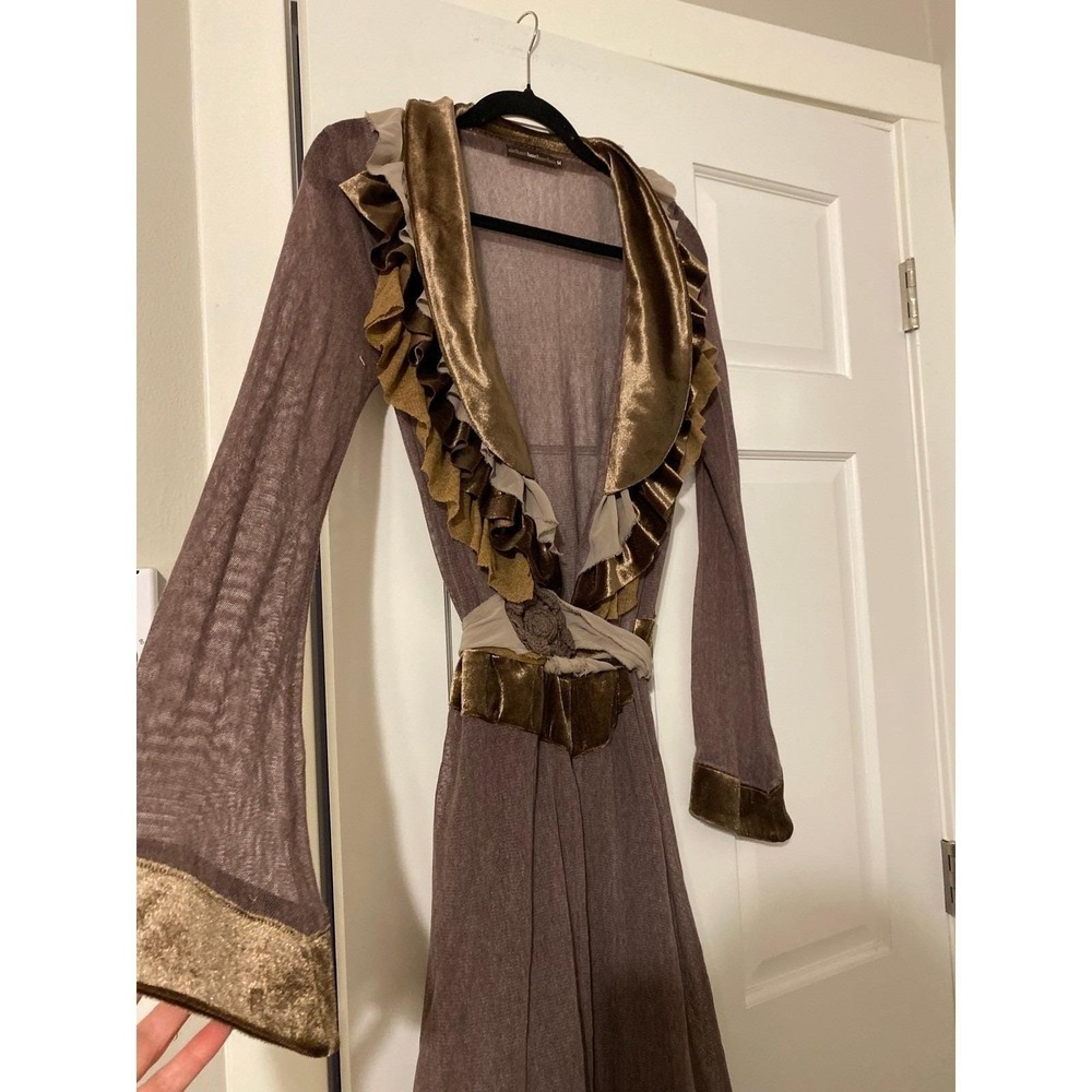 Y2K Anthro Velvet Ruffle Brown Duster Cardigan Medium Boho Luxury Fairy Grunge - Picture 4 of 9